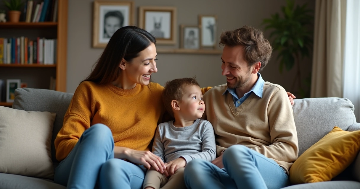 Pais conversando em casa com criança, símbolo de transmissão de crenças 