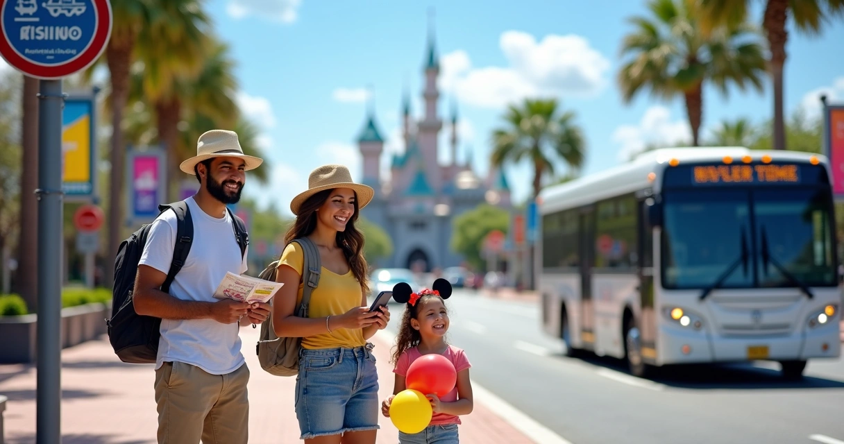 Família brasileira com crianças esperando transporte em frente a parque da Disney em Orlando 