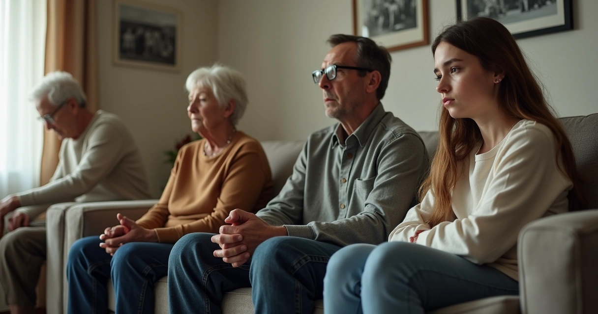 Três gerações de uma família em um sofá com clima de tensão silenciosa 