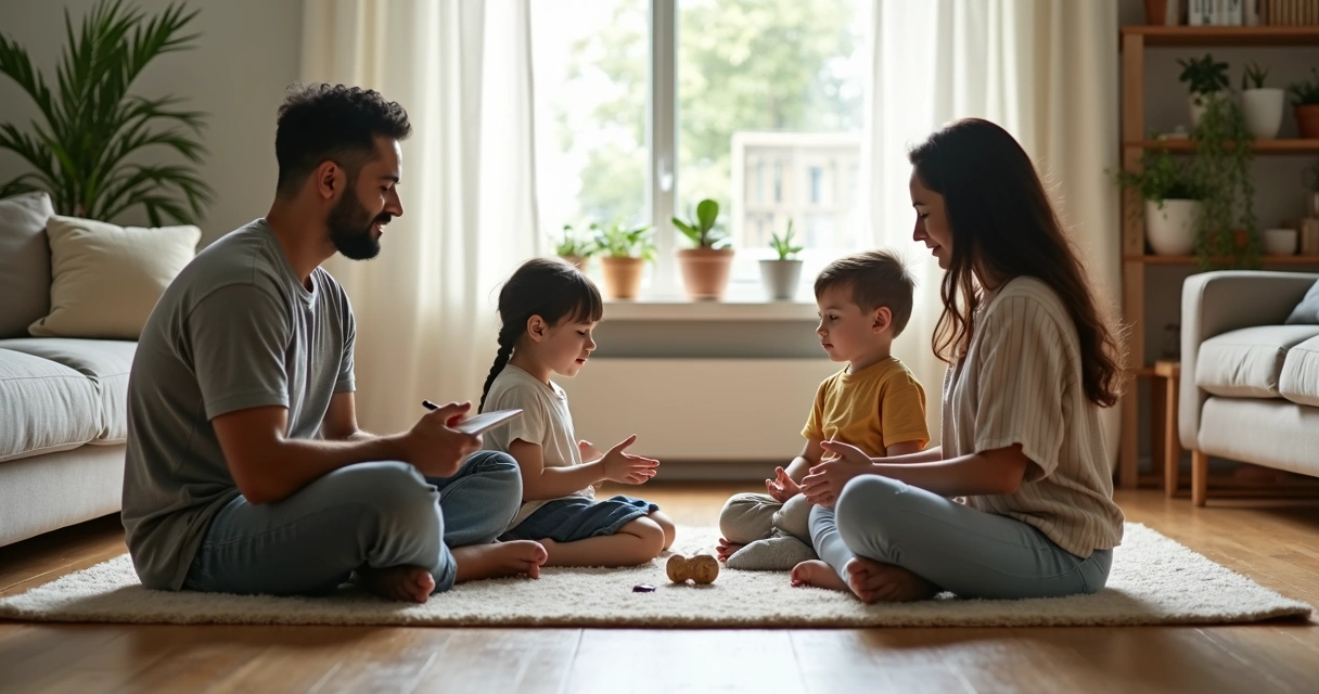 Família sentada em roda na sala treinando atenção juntos 