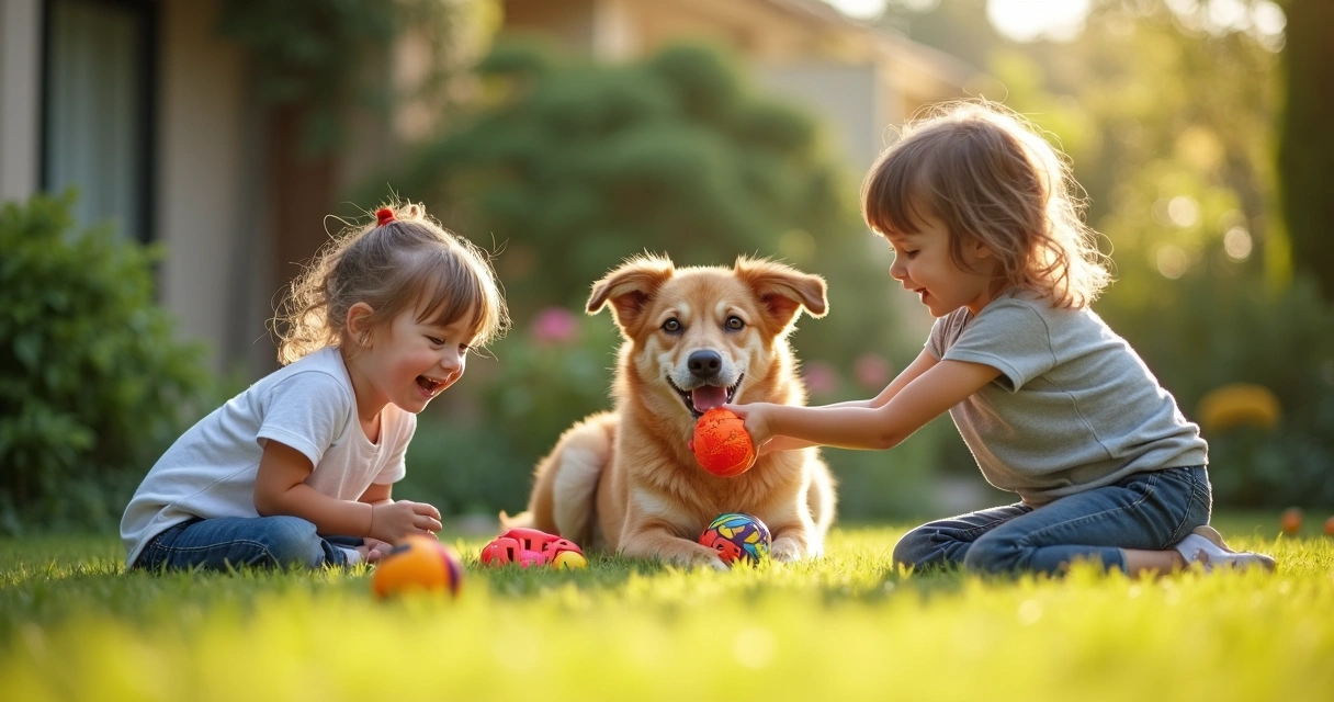 Família a treinar o cão no jardim com brinquedos 