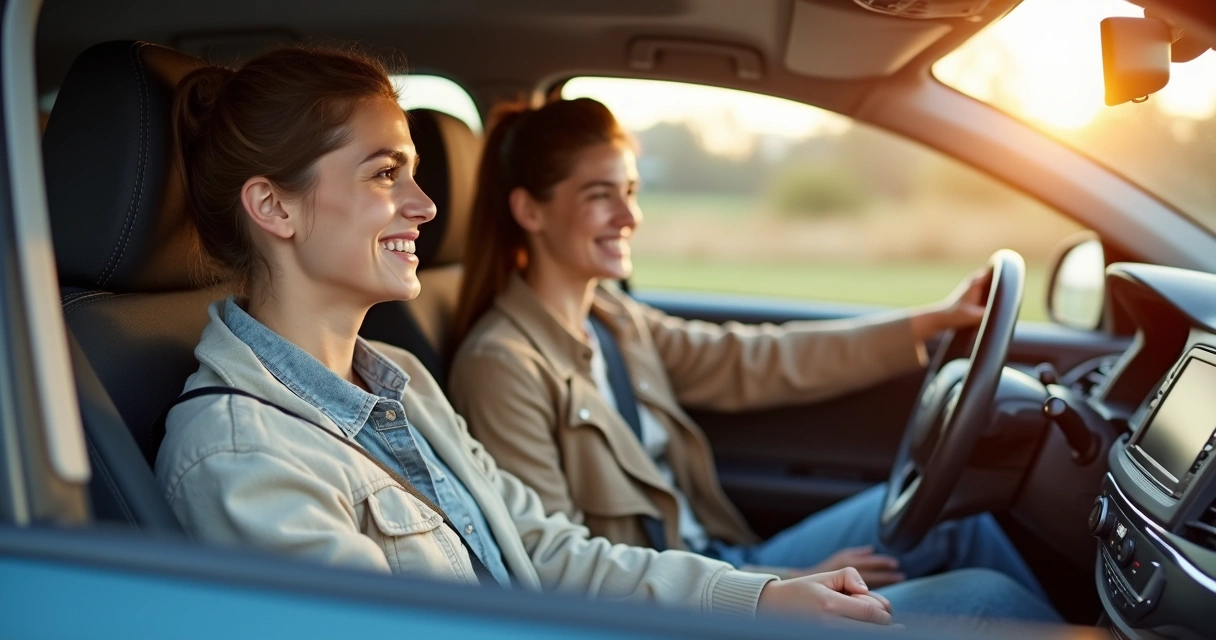 Mãe e filho treinando direção em carro automático, sorrisos leves, painéis claros ao fundo 