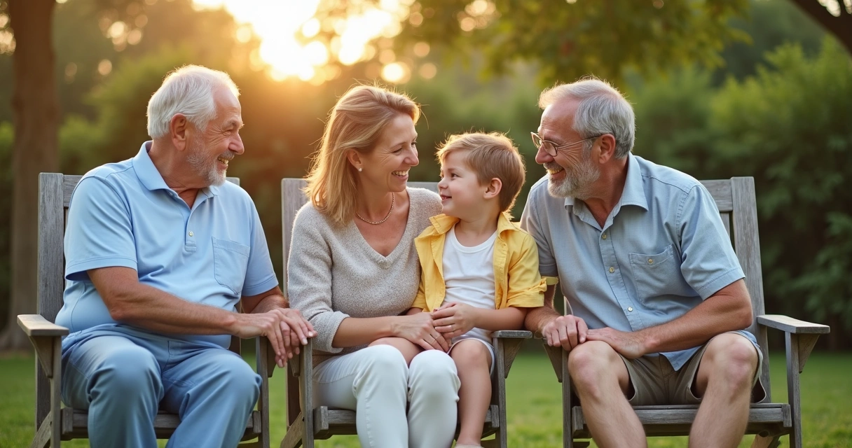 Tres generaciones de una familia sentadas en un jardín 