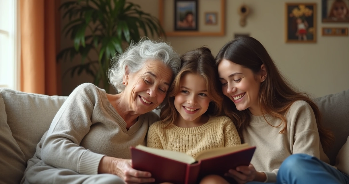 Avó, mãe e neta sentadas juntas no sofá, sorrindo e compartilhando um livro