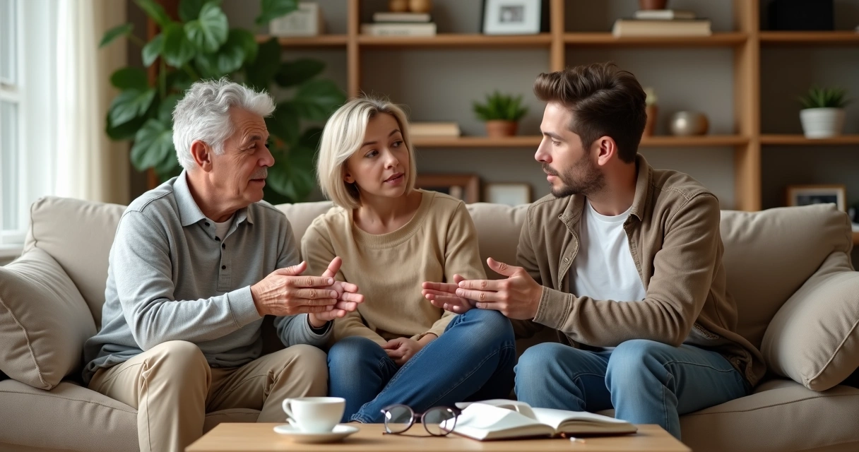 Três gerações de uma família conversando juntas em uma sala de estar 