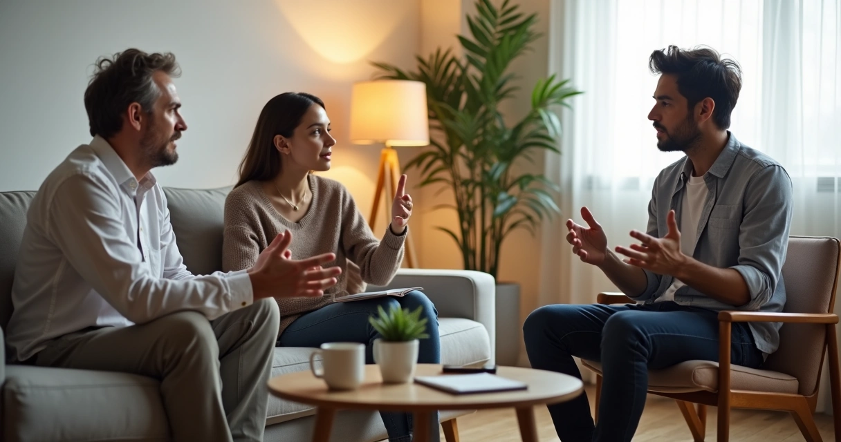 Três pessoas de uma família sentadas em círculo conversando de forma calma 