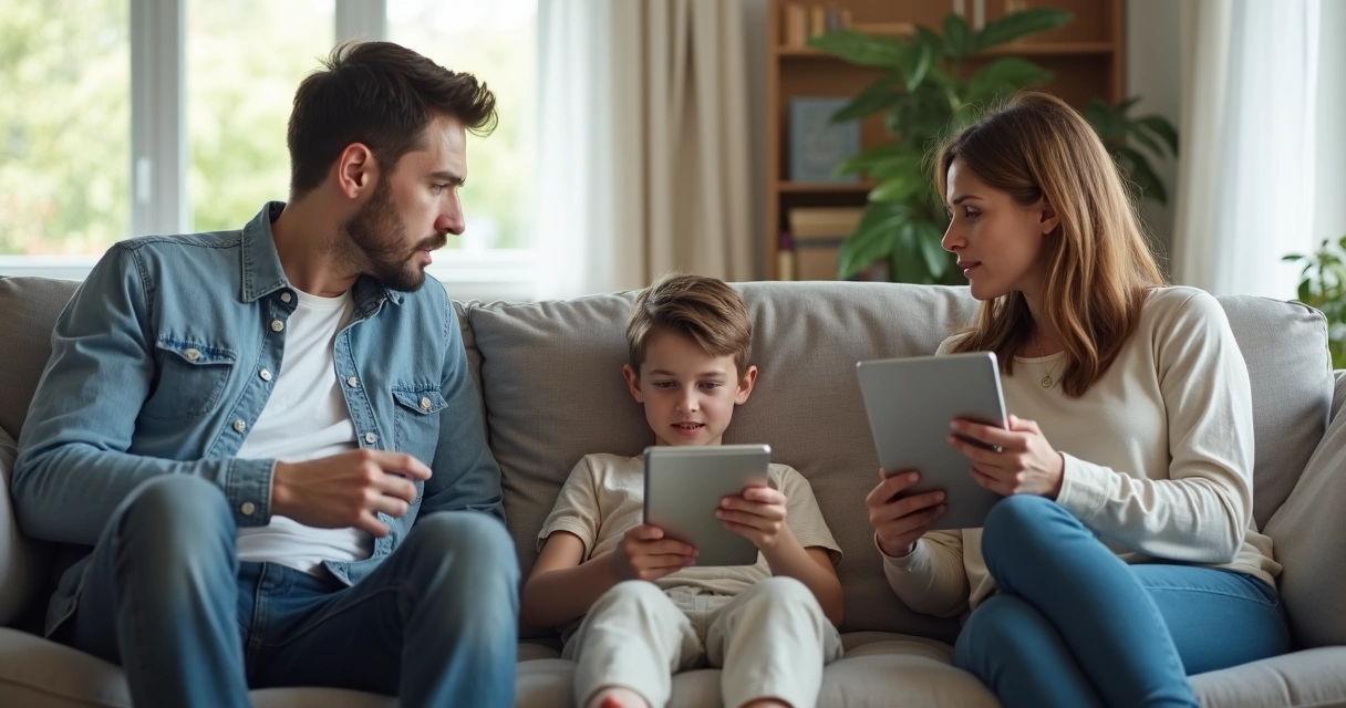 Pais em conflito e filho entre os dois no sofá 