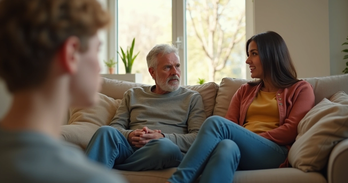 Grupo familiar en la sala, dos adultos conversando mientras un adolescente observa distante 