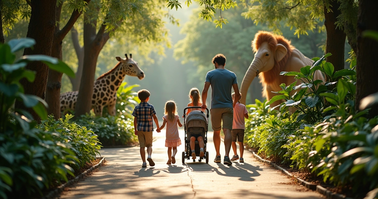 Família caminhando por trilha sombreada no Animal Kingdom 