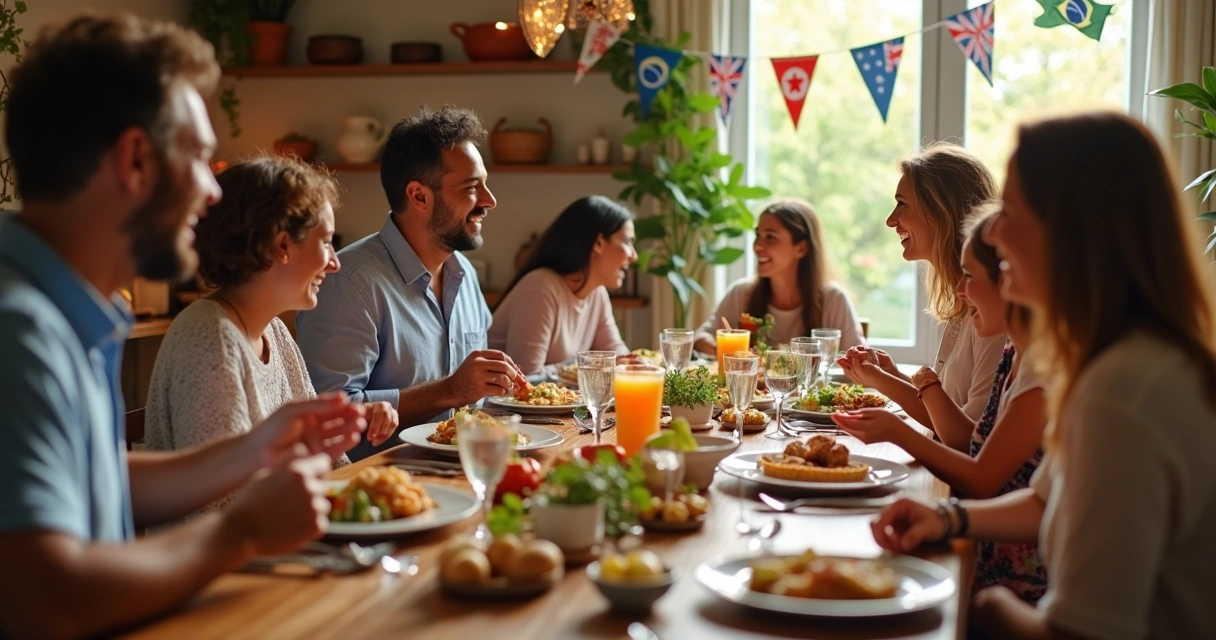 Família sentada à mesa com família anfitriã, trocando experiências culturais 