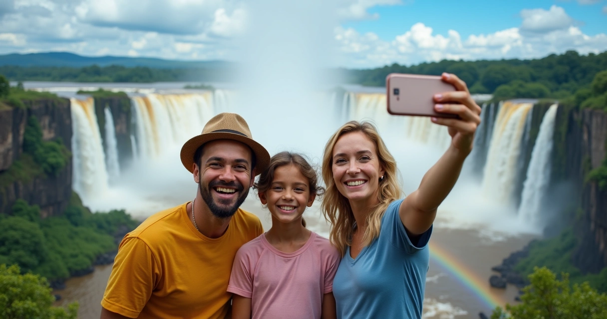 Família feliz tirando selfie em frente às Cataratas do Iguaçu 