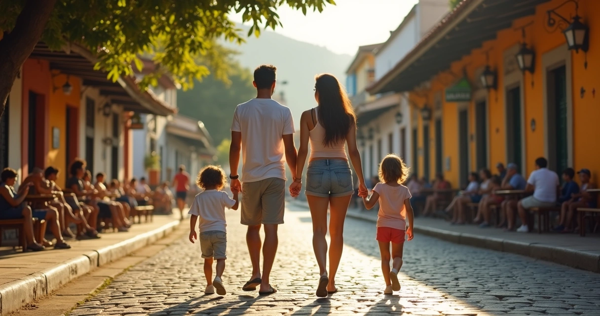 Staycation: Guia Prático Para Férias e Turismo na Sua Cidade 2 Família caminhando em uma rua histórica brasileira