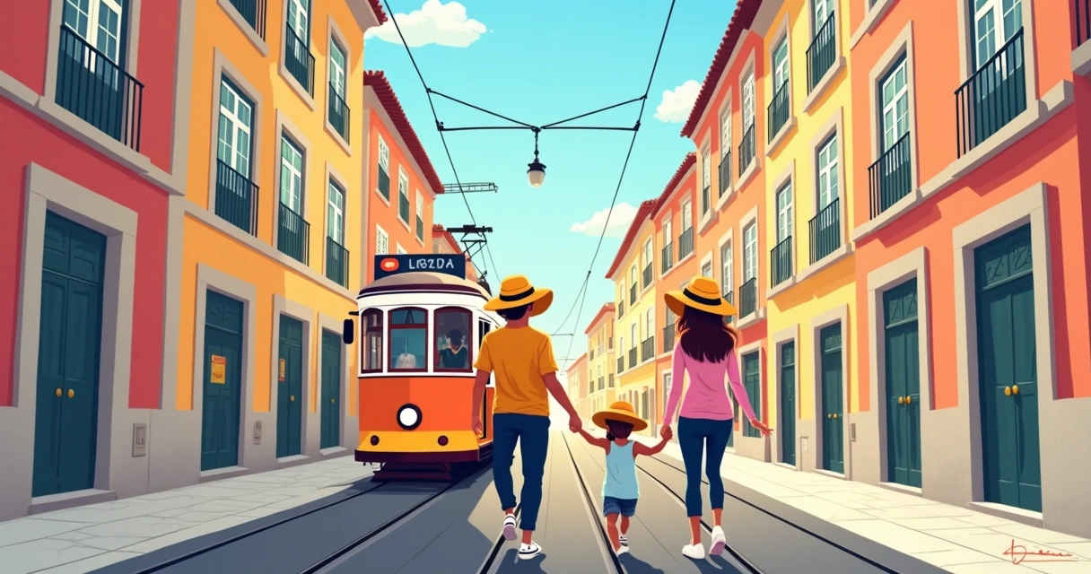 Família se divertindo em rua histórica de Lisboa 