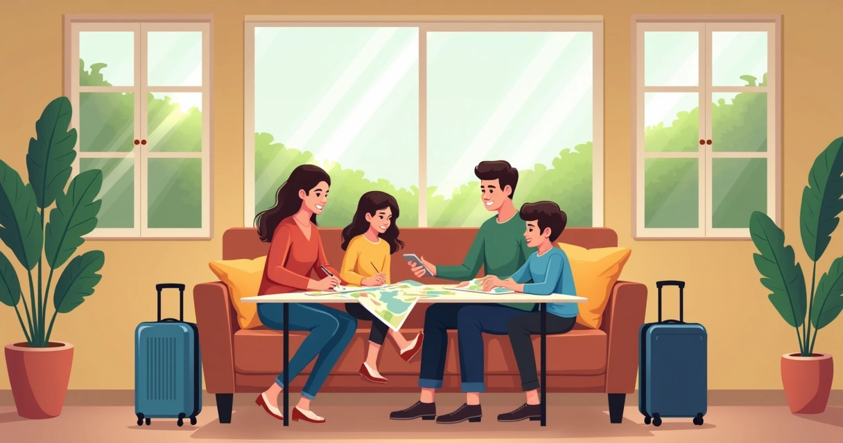 Família planejando viagem com mapa e tablet na sala 