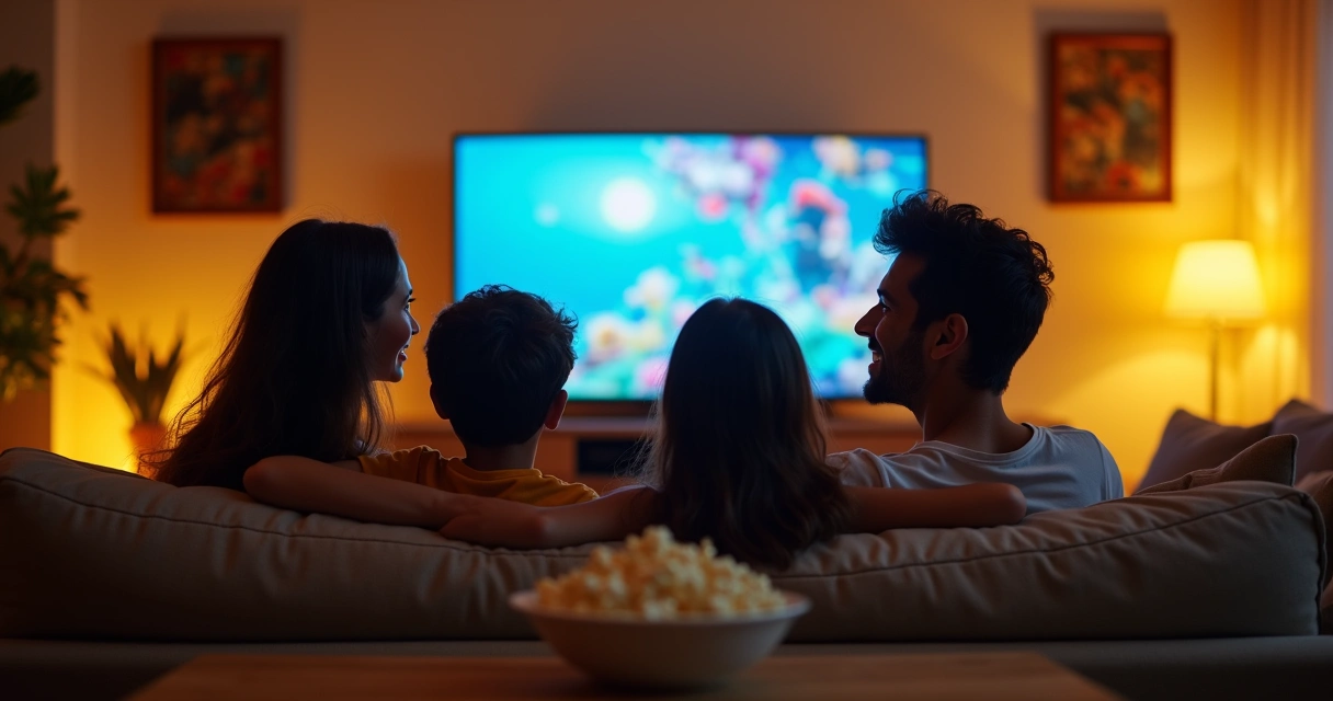 Família sorrindo assistindo TV juntos na sala de estar