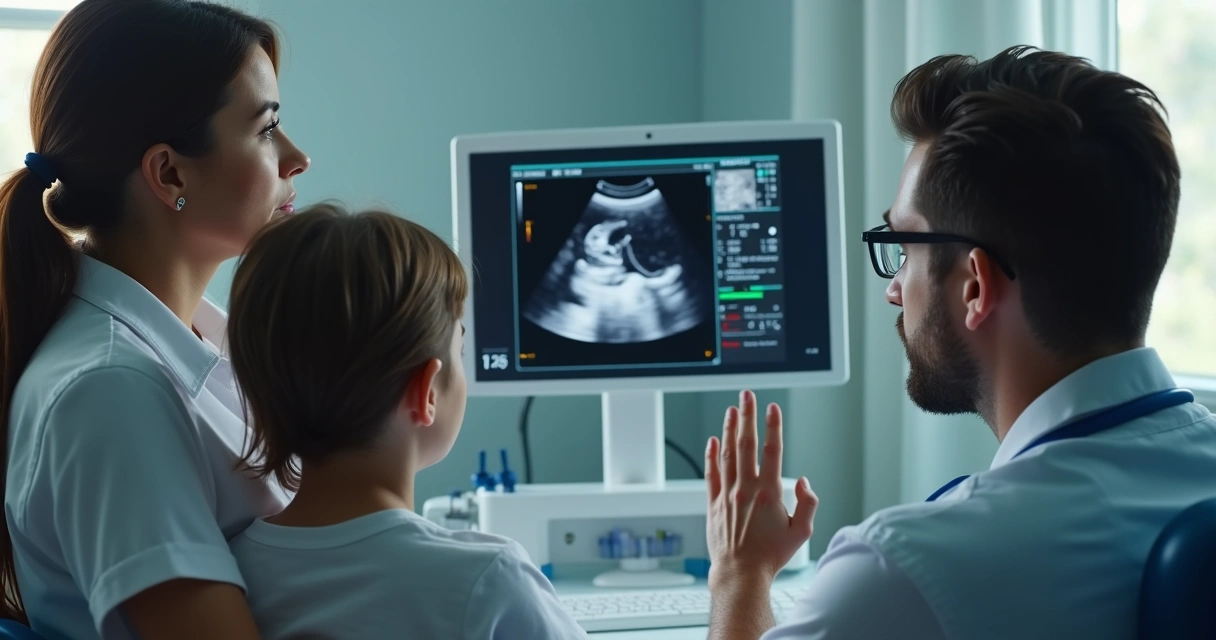 Família observa ultrassom com expressão de preocupação em consultório médico 