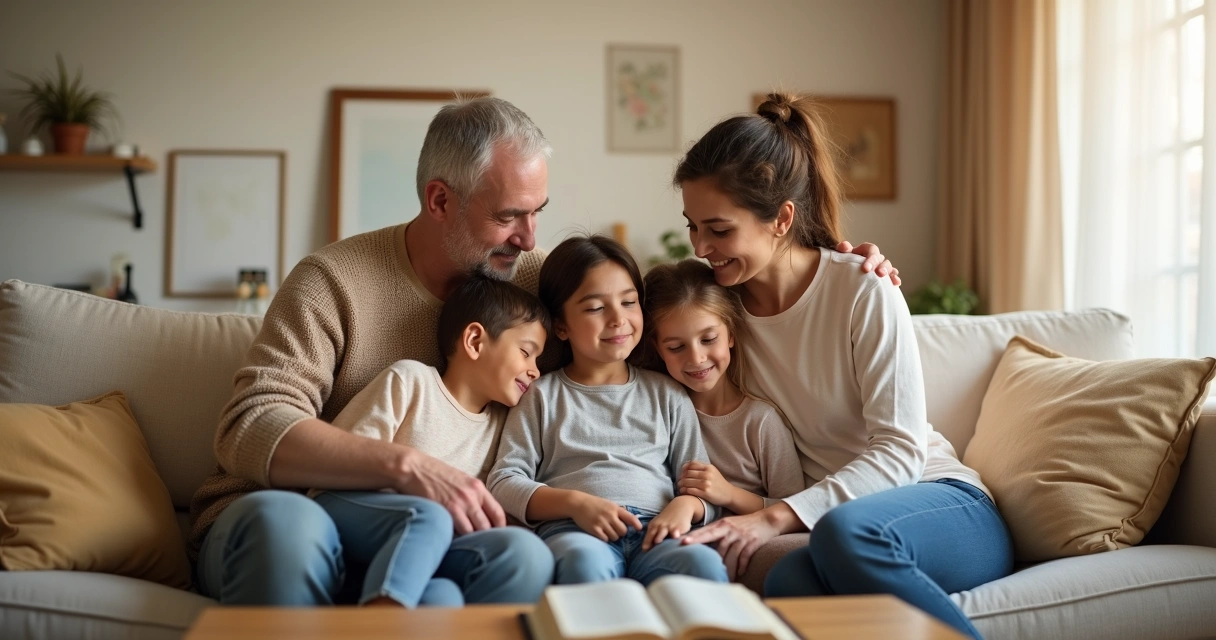 Família unida sentada no sofá demonstrando apoio com abraços e sorrisos 