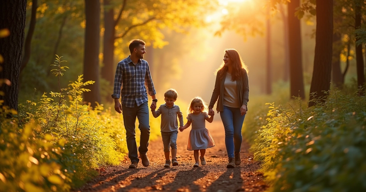 Família unida de mãos dadas caminhando em trilha arborizada 