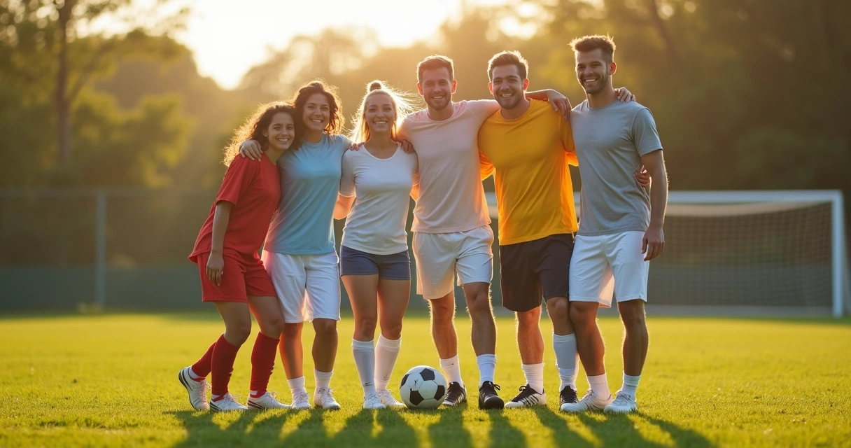 Família unida sorrindo em campo de futebol com bola 