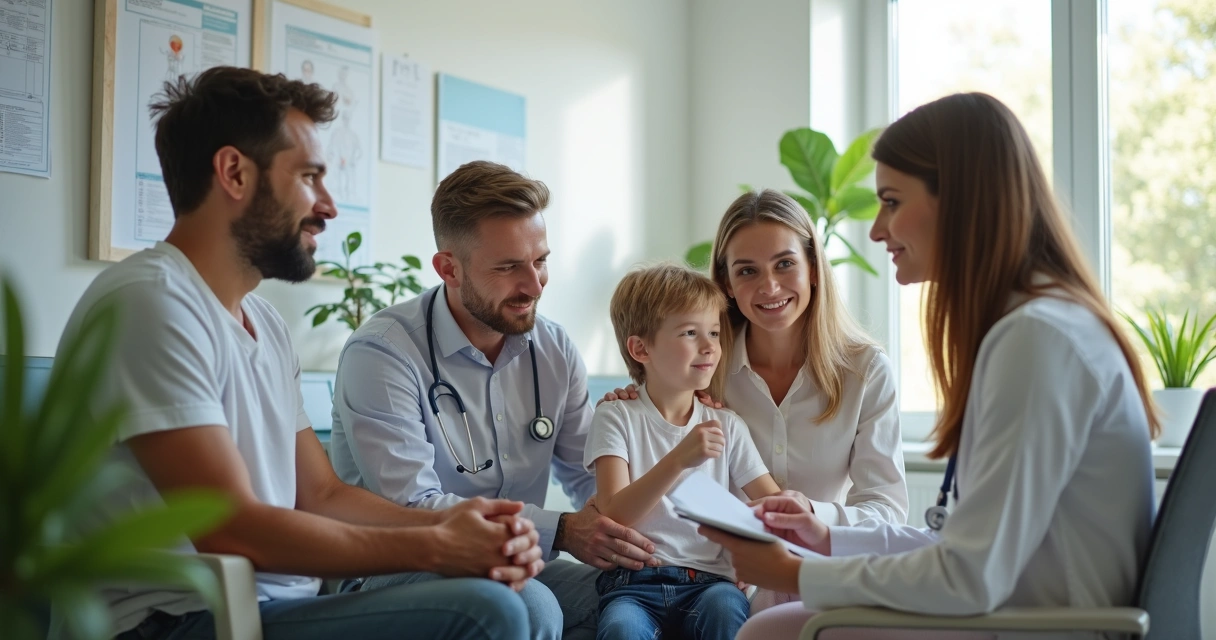 Família reunida em consultório médico, sentados e conversando com médica. 