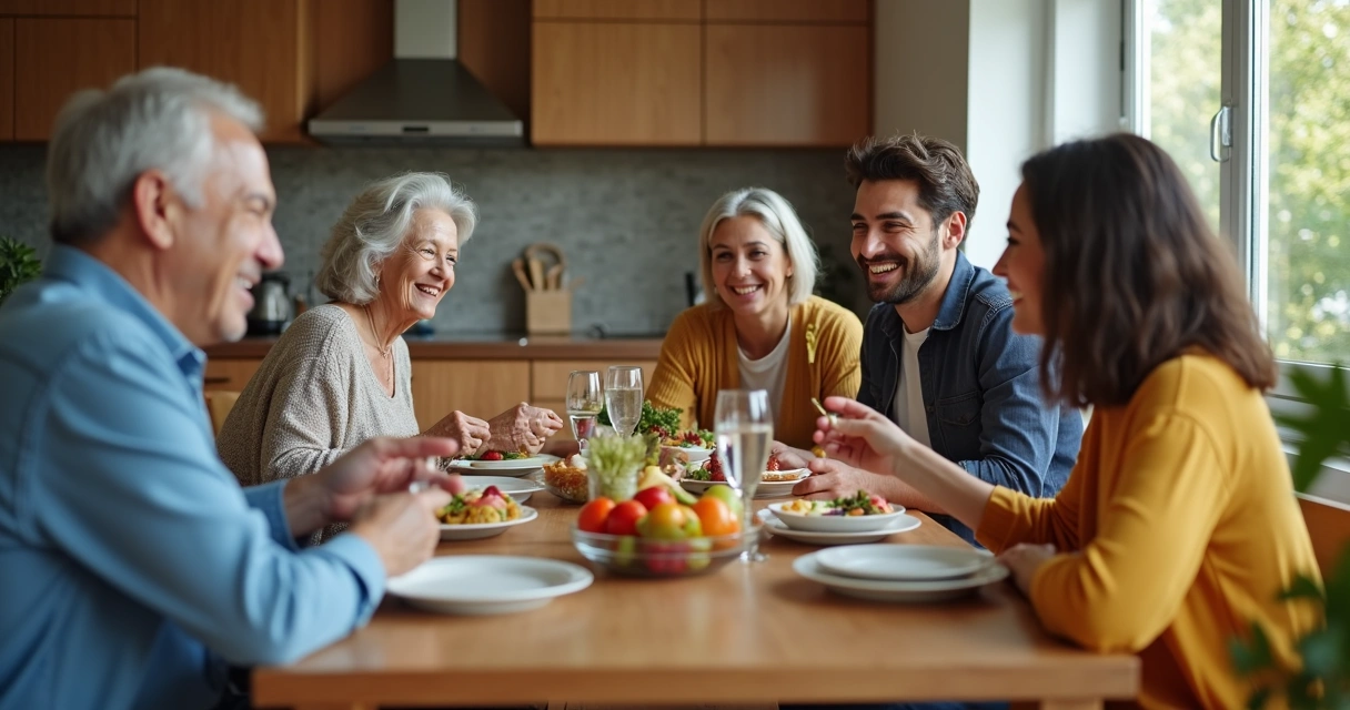 Familia de diferentes edades dialogando y compartiendo en la mesa del comedor