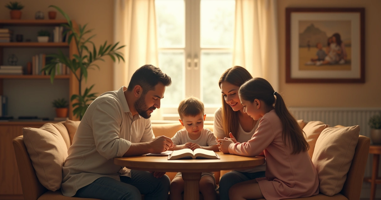 Família sentada à mesa, pais ensinando valores aos filhos, ambiente acolhedor 