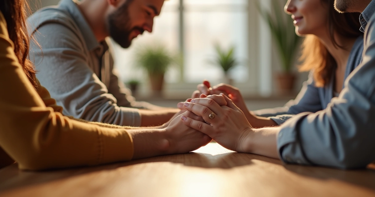 Família de mãos dadas reunida em oração