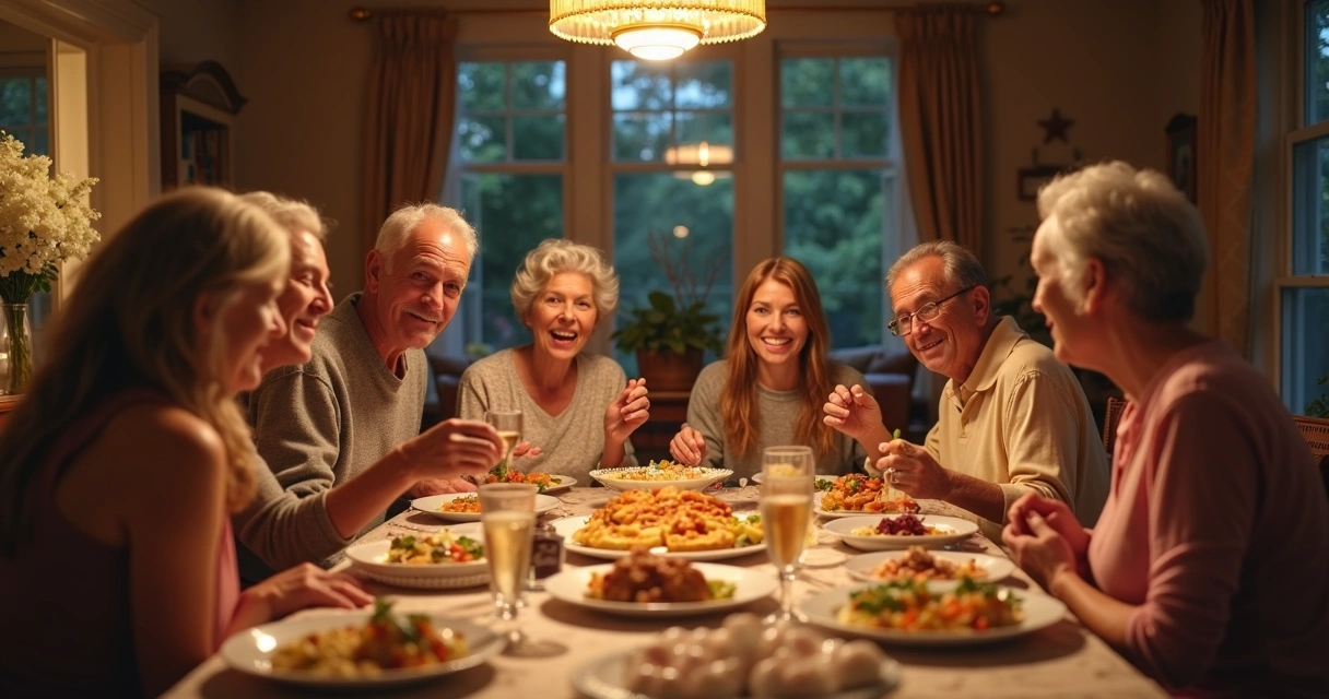 Família reunida sorrindo em volta da mesa de jantar