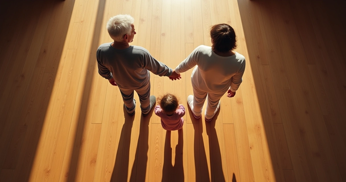 Quatro pessoas de diferentes idades de mãos dadas em círculo visto de cima