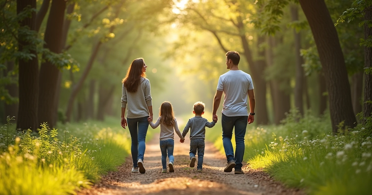 Família caminhando unida em trilha na natureza