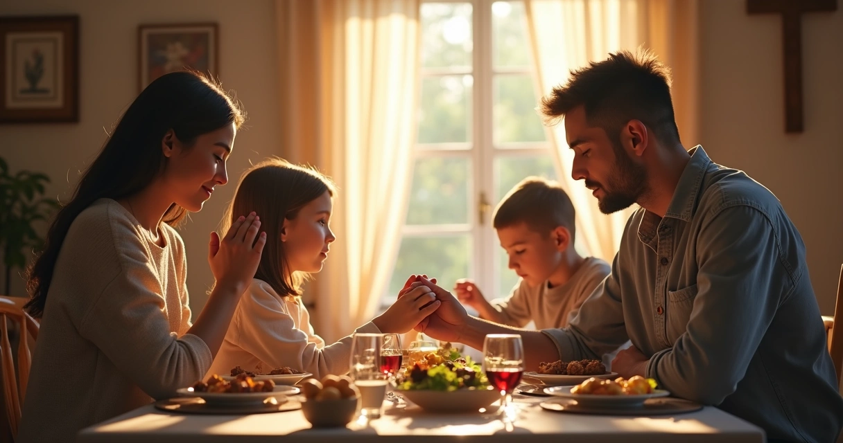 Família unida em oração antes de uma refeição 