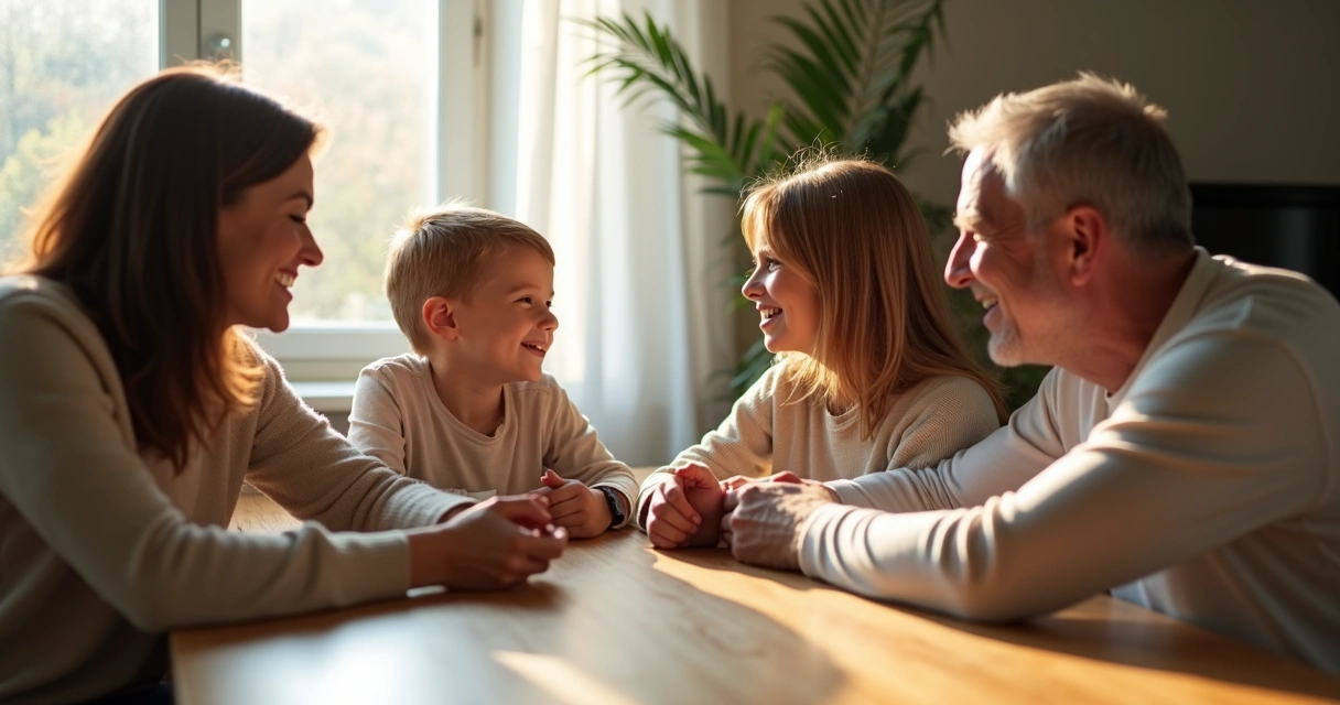 Família reunida sorrindo em sinal de reconciliação 