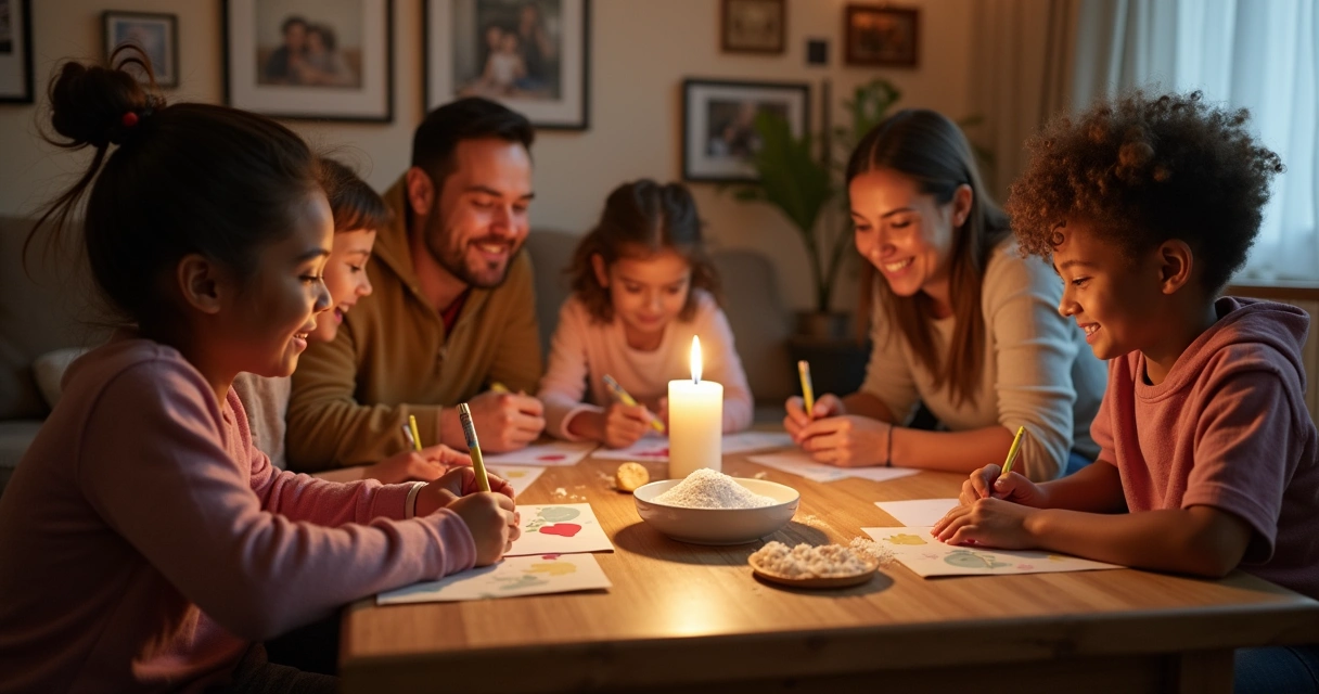Família reunida em sala aconchegante, escrevendo cartões de amor e acendendo uma vela branca.