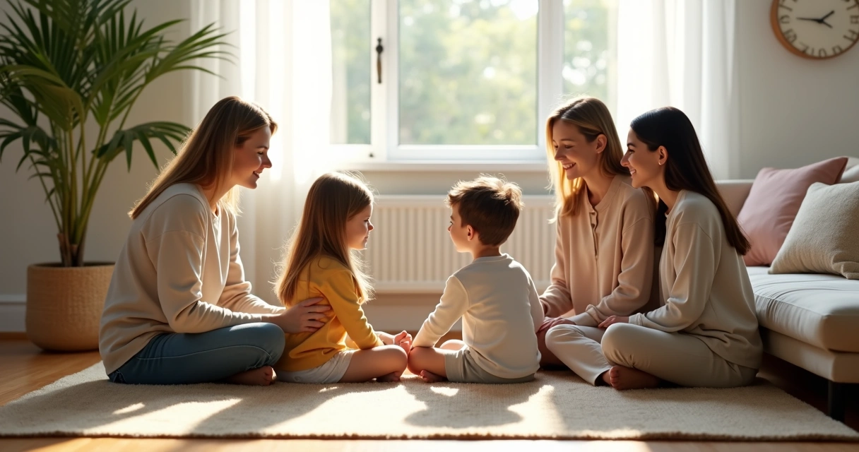 Família reunida conversando em sala de estar 