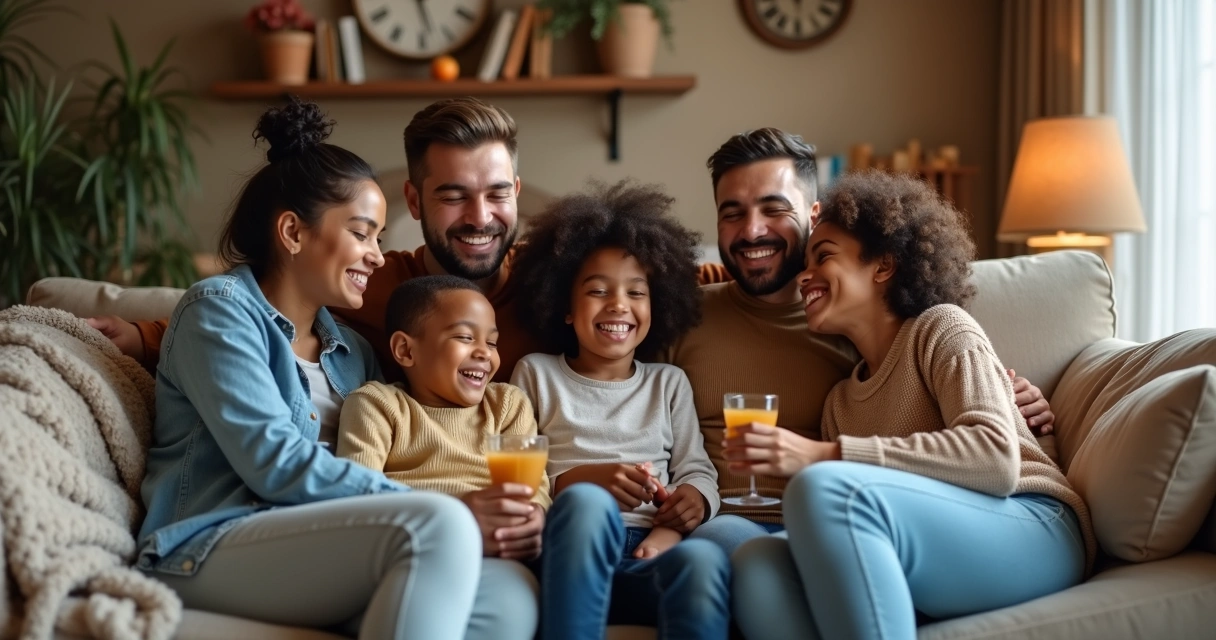 Família sentada junta na sala de estar 