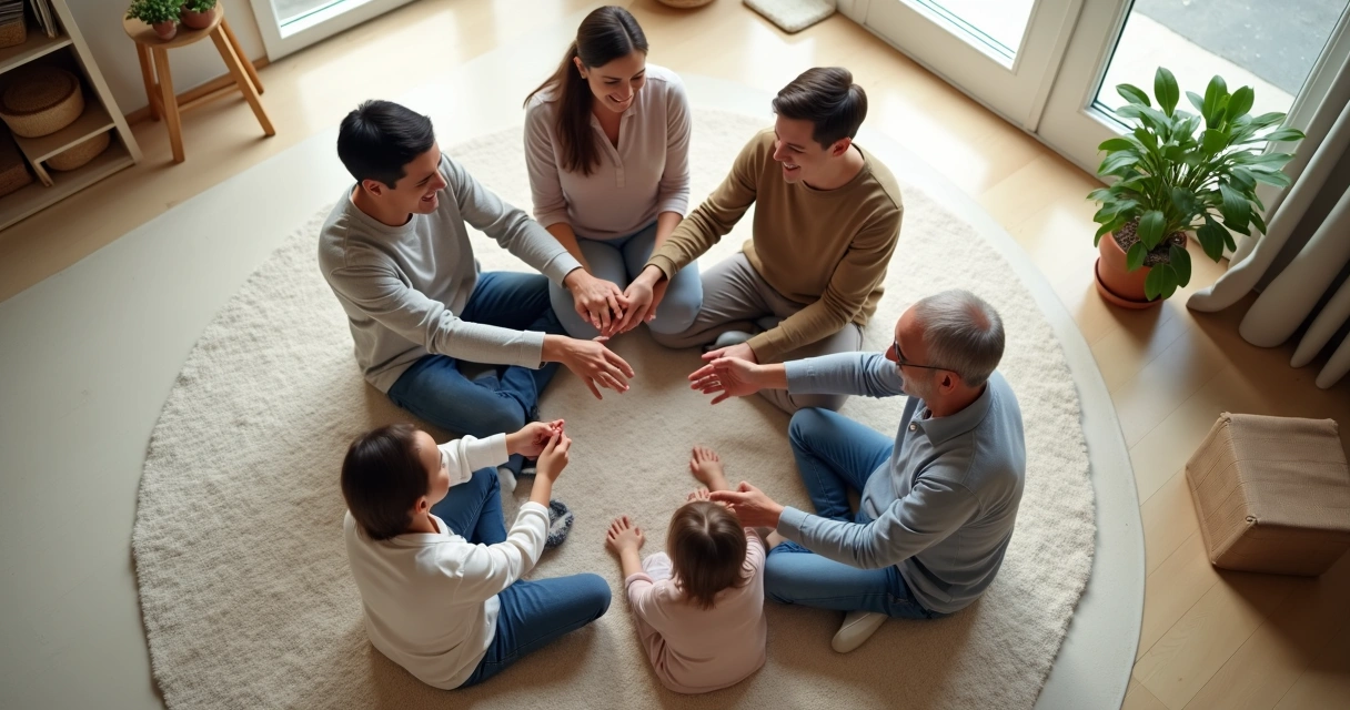 Família sentada em círculo no chão, de mãos dadas e sorrindo em um ambiente iluminado. 