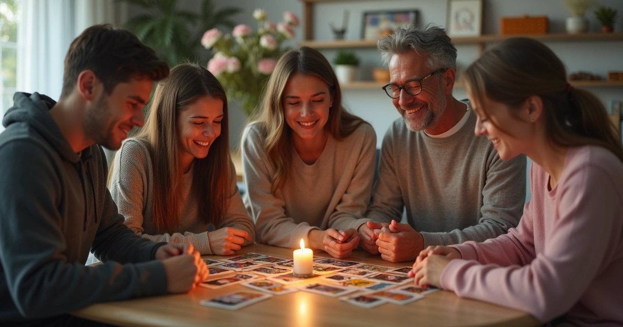 Família reunida no sofá, cartas de Tarot ao centro da mesa 