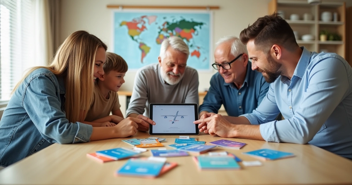 Família em volta de mesa juntando cartões de programa de milhagem para uma viagem em grupo 