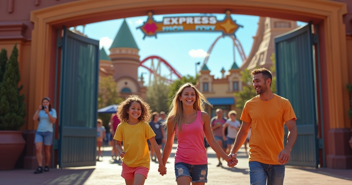 Família com crianças entrando pela fila expressa na Universal 