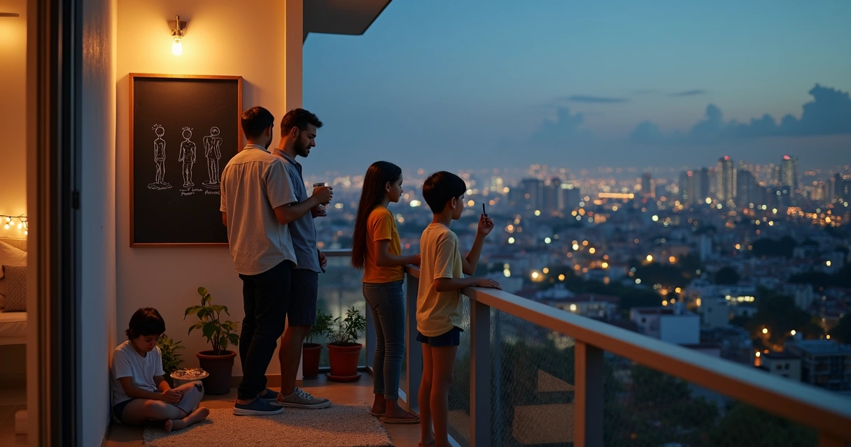 Família em sacada urbana observando cidade iluminada à noite 