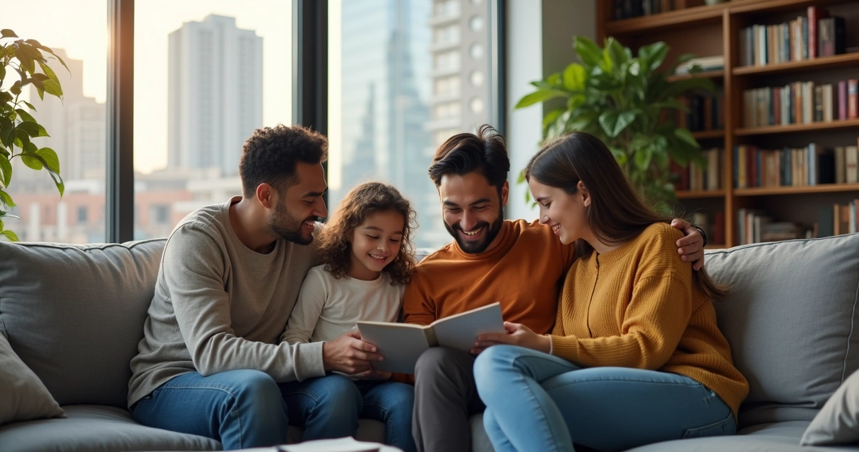 Família reunida em sala de estar de apartamento urbano, sentados no sofá conversando 
