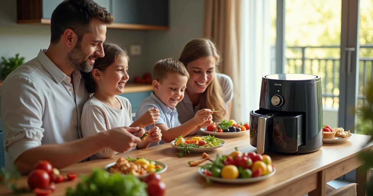 Família preparando lanche saudável com airfryer 