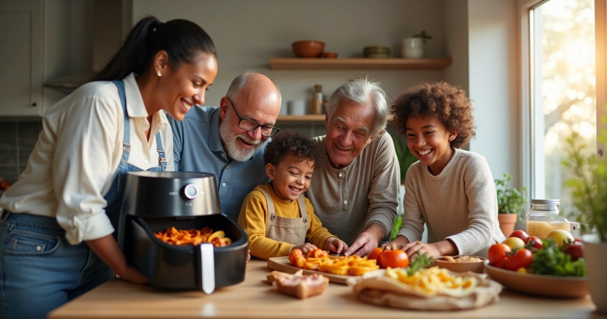 Família cozinhando junta com airfryer grande aberta 