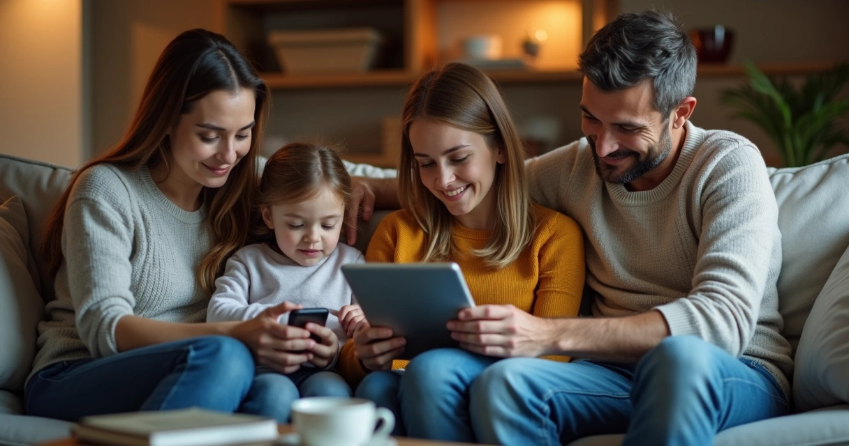 Família sentada no sofá usando aplicativo no celular para apoio emocional 