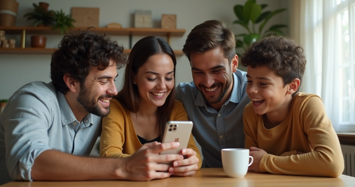 Família reunida olhando tela de celular conferindo cashback no aplicativo