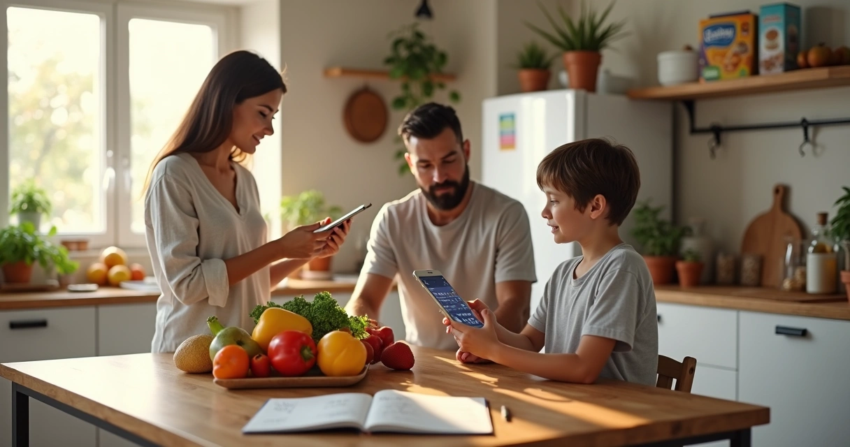 Família usando celular para organizar compras da semana 