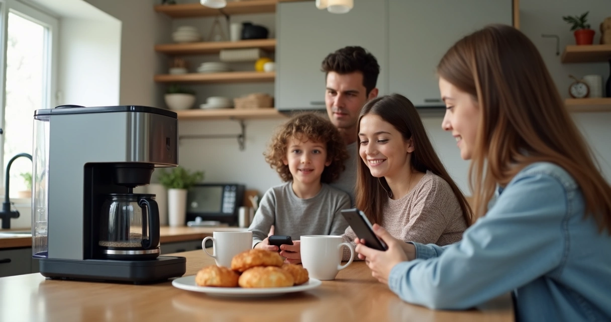 Família utilizando cafeteira elétrica na cozinha 