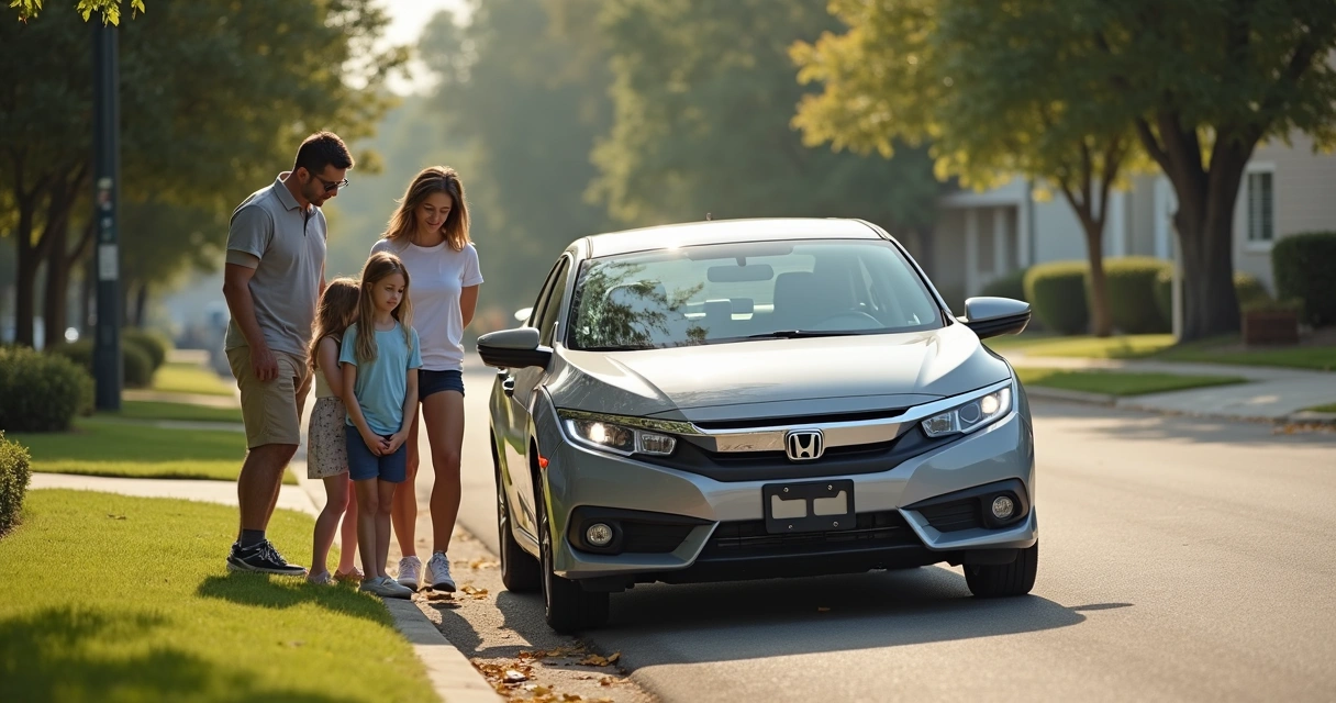 Família reunida perto de um carro, com filhos em volta do veículo 