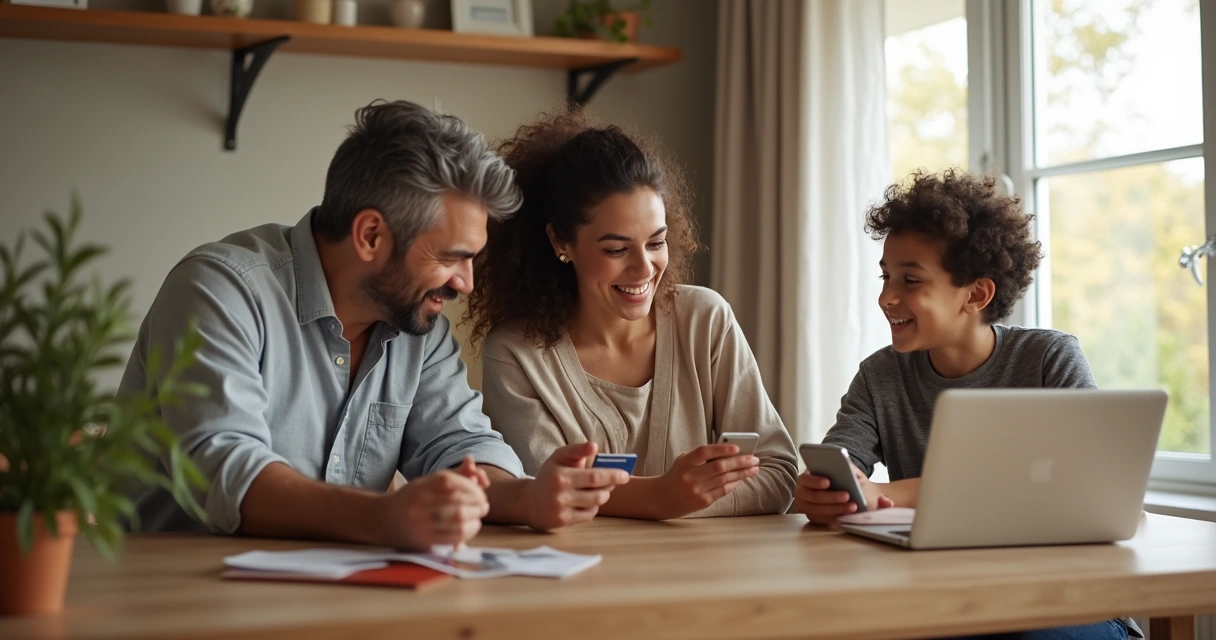 Família reunida usando cartão de crédito com laptop e smartphone 