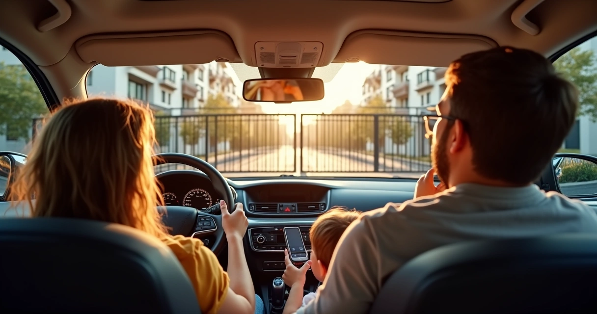 Família dentro do carro usando controle remoto para abrir portão do condomínio